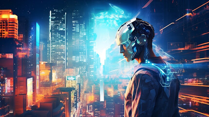 Cyborg man in night cyberpunk futuristic city. Generative ai