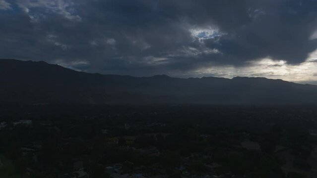 Wide panorama aerial shot of Ojai Valley, California. Early morning.