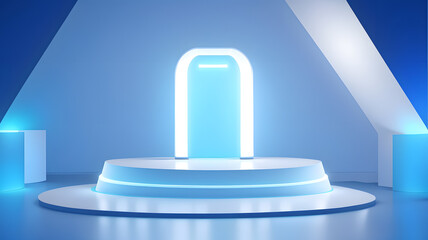 モダンな表彰台、ネオンのバックライト、未来的な背景｜modern podium. Neon backlight. Futuristic background. Generative AI	
