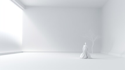 White interior wall with an abstract sculpture of a girl for your text mockup. AI generation 
