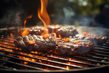 Barbecue on a sunny day outdoors, close-up of a meat steak on a grill grate