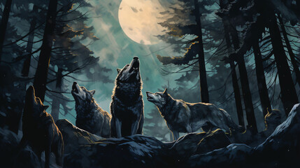 Dark Forest with Full Moon and Howling Werewolves