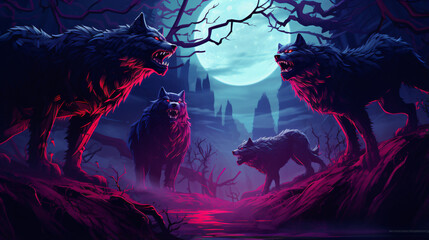Neo-Styled Dark Forest with Full Moon and Howling Werewolves
