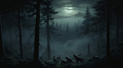 Mystical Forest Scene with Howling Werewolves Under Full Moon