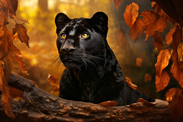 Black Leopard with nature background style with autum