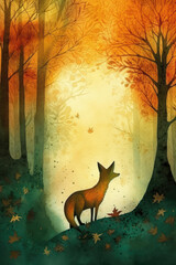 Watercolor illustration of fox in the autumn forest