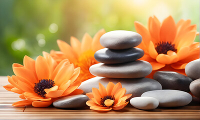 Orange Flowers with Spa Stones, zen, massage, balance, meditation, wellness, shallow focus, generative ai