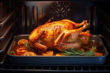 Naklejka premium Roasted turkey in the oven ready for the holidays