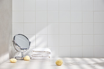 Various props in the bathroom background