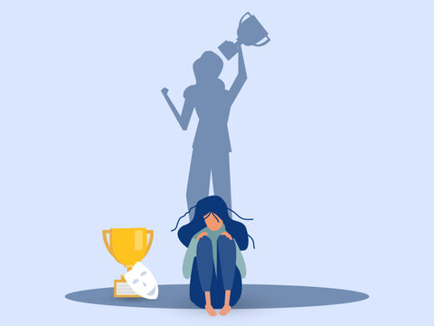 Imposter syndrome.woman standing for her present profile with fear shadow behind. Anxiety and lack of self confidence at work; the person fakes is someone else concept
