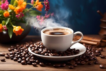 coffee time background banner with illustration of a cup of hot coffee and roasted coffee beans