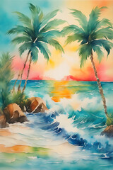 Beach and a Palm Tree, beach watercolor painting