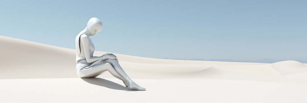 Ai robot woman android in the desert 