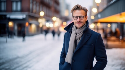Swedish business man wearing winter clothes in a city. Concept of entrepreneurship and business in Sweden