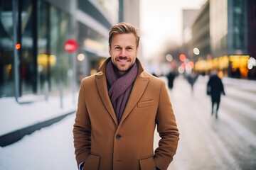 Finnish entrepreneur in a city in winter. Concept of business and entrepreneurship in Finland