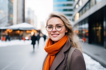 Young blond Norwegian businesswoman in a city in winter. Concept of business and people - 633576567