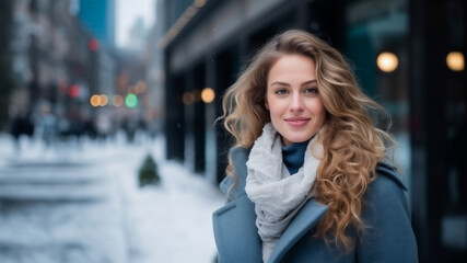 Young Scandinavian woman entrepreneur in a city in winter. Concept of people in business and entrepreneurship in nordic countries