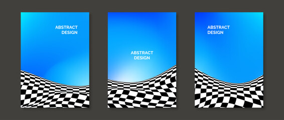 Abstract gradients with checkered liquid surfaces. Distorted black and white pattern on blue green backgrounds. Bright design templates for poster, banner, brochure, flyer, cover. Vector set
