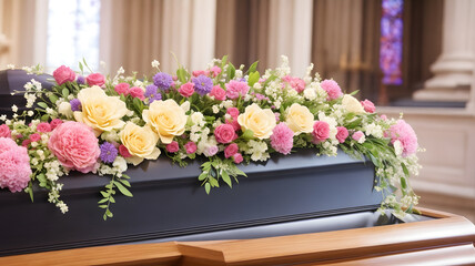 葬儀の棺、教会、棺の上の花｜Funeral coffin, church, flowers on coffin. Generative AI