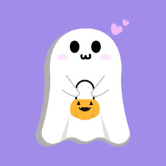 Cute Ghost. Emotion smile with Trick or Treat. cartoon character and flat design. Vector Illustrations for Halloween Day.