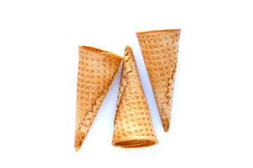 Empty ice cream cone on white background.