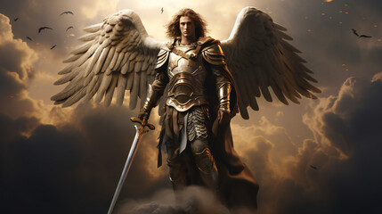 Archangel Michael in the clouds wearing armor and a sword. Powerful Holy Angel of God - obrazy, fototapety, plakaty