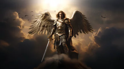 Fotobehang Archangel Michael in the clouds wearing armor and a sword. Powerful Holy Angel of God © Andrei