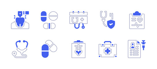 Medical icon set. Duotone style line stroke and bold. Vector illustration. Containing drill, pills, medical, care, insurance, report, stethoscope, skeleton, first, aid, kit, record.