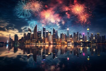 City Skyline Illuminated With Colorful Firework, Generative AI
