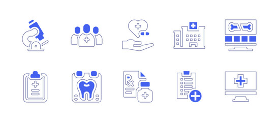 Medical icon set. Duotone style line stroke and bold. Vector illustration. Containing microscope, medical, team, treatment, hospital, x, ray, check, up, prescription, clipboard, online, pharmacy.