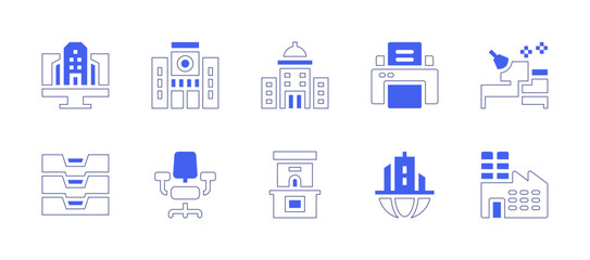 Office icon set. Duotone style line stroke and bold. Vector illustration. Containing office, news, city, building, printer, inbox, chair, ticket, headquarters, factory.