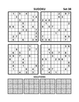 Four sudoku puzzles of comfortable (easy, yet not very easy) level. Set 38.  Answer included.
