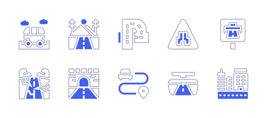 Road icon set. Duotone style line stroke and bold. Vector illustration. Containing road, trip, highway, narrow, motorway, vehicle, rearview, mirror, city.