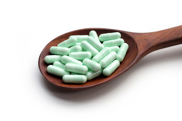 Fototapeta na wymiar Medicine capsules on white background.