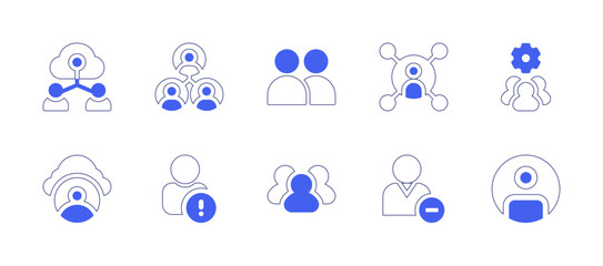 User icon set. Duotone style line stroke and bold. Vector illustration. Containing cloud, network, user, experience, social, media, group, remove.