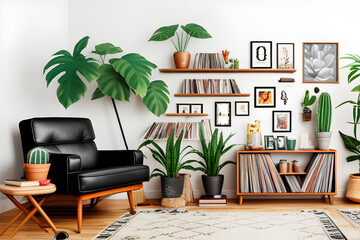 Retro composition of living room interior with empty photo frames, wooden shelves, books, armchair, plants, cactus, vinyl recorder, personal decorations and accessories in stylish home decor.