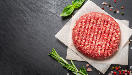 Fresh raw home-made minced beef steak burger with spices, on a black slate table, copy space, top view