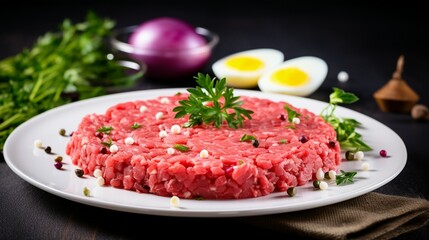 Tasty Steak tartare Raw beef - classic steak tartare on white plate Awesome background. Generative AI