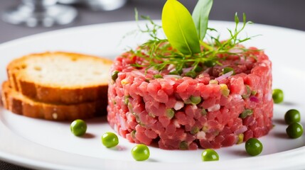 Tasty Steak tartare Raw beef - classic steak tartare on white plate Awesome background. Generative AI