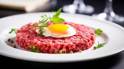 Tasty Steak tartare Raw beef - classic steak tartare on white plate Awesome background. Generative AI