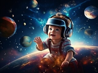 baby in vr headset exploring metaverse world, touching virtual reality subjects. generative ai