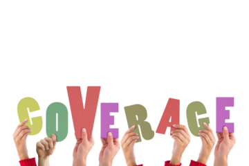 Digital png illustration of hands holding coverage text on transparent background