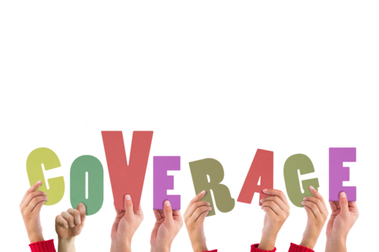 Digital png illustration of hands holding coverage text on transparent background - Powered by Adobe
