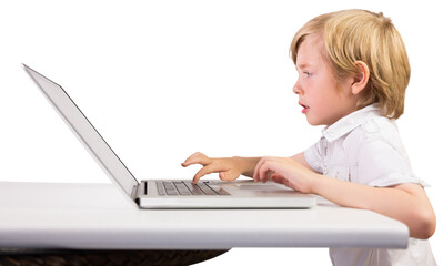 Digital png photo of caucasian boy using laptop on transparent background