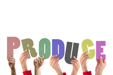 Digital png illustration of hands with produce text on transparent background