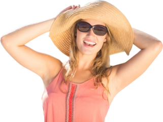 Digital png photo of smiling caucasian woman standing and sunbathing on transparent background