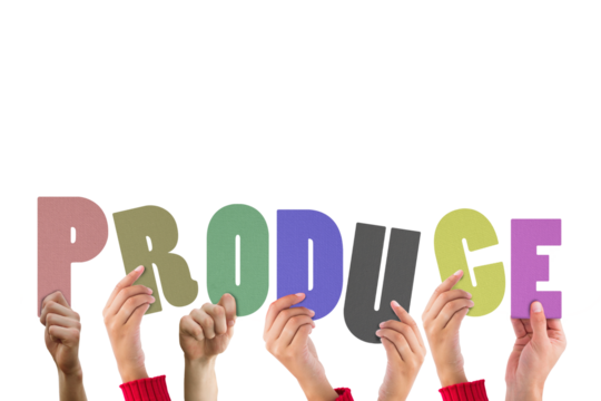 Digital png illustration of hands with produce text on transparent background - Powered by Adobe