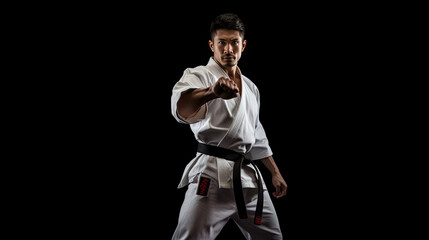 Fototapeta na wymiar Asian karate man standing with black belt isolated on black background. Taekwondo. Generative Ai