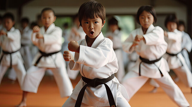 Asian kids karate martial arts. Taekwondo. Generative Ai
