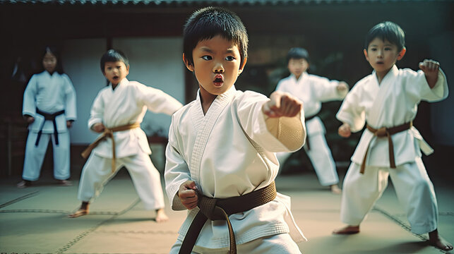 Asian kids karate martial arts. Taekwondo. Generative Ai